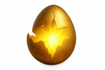Golden egg cracking open, glowing with bright light, symbolizing new wealth, fortune, and opportunity