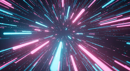 Fototapeta premium Abstract tunnel of glowing neon light streaks in pink and cyan moving rapidly into darkness graphic design isolated on a transparent background