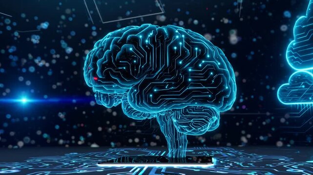 A glowing blue digital brain with circuit patterns emerges from a futuristic data landscape, symbolizing artificial intelligence and cloud computing.