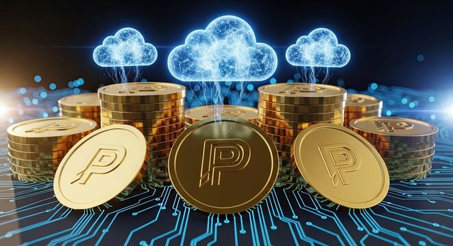 Golden cryptocurrency coins rise from digital circuit board towards - Powered by Adobe