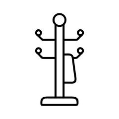 Minimalist line art icon of a freestanding coat rack with multiple hooks and a towel