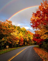 Autumnal road with double rainbow