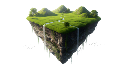 Floating island landscape with lush green hills and waterfall edges