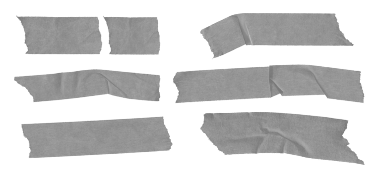 Collection of gray duct tape pieces isolated on transparent background, offering versatile options for various creative and practical applications in design and crafting projects