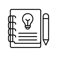 Simple line art icon of a notebook with a lightbulb and pencil representing ideas and creativity