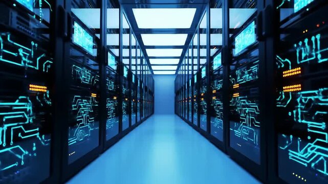 Server Room With Blue Lighting And Data Processing Panels Array