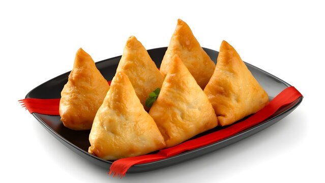 Tasty Fried Samosas with Cucumber Garnish, Professional Food Styling, White Background, Top View