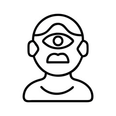 Stylized line art illustration of a cyclops creature with a wide mouth and three eyes