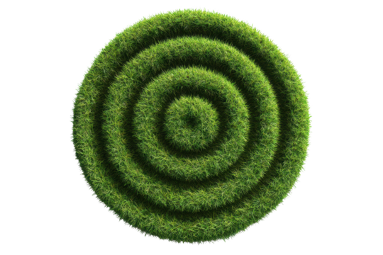 Green spiral maze design made of fresh grass creates a unique pattern perfect for landscaping or creative garden projects in springtime