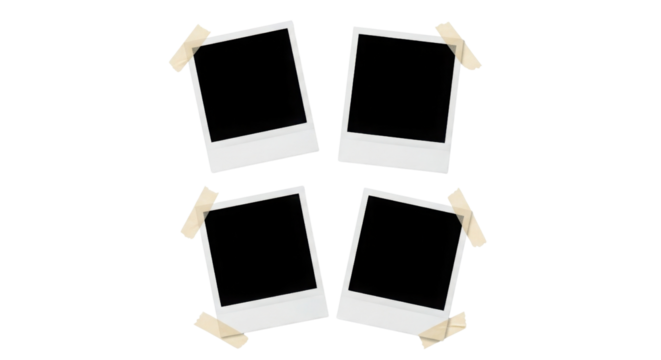 Four retro instant photo frames with adhesive tape on white background