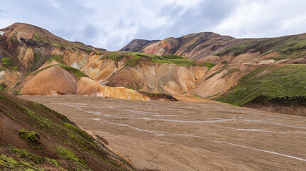 Colorful rhyolite mountains and valleys in Landmannalaugar, Iceland.
