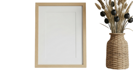 Blank wooden frame mockup with vase on white background