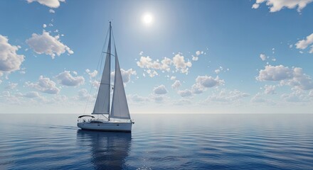 Serene white sailboat glides across tranquil blue ocean under a