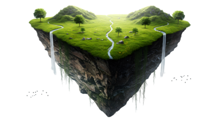 Floating island landscape with lush green hills and waterfall edges
