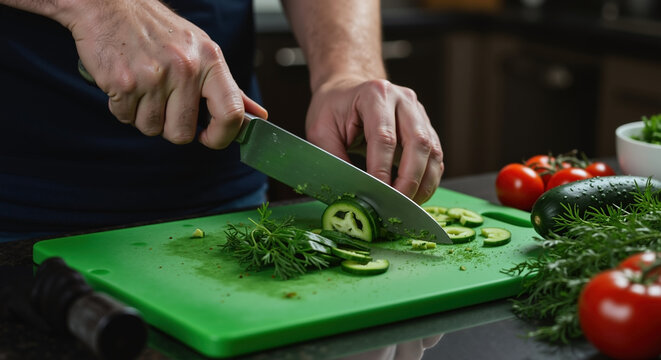 Man slicing fresh cucumber on green cutting board in kitchen. Close-up of hands preparing vegetables. Healthy eating and meal prep concept