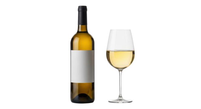 Bottle of white wine and glass on white background - Powered by Adobe