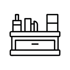 Minimalist line art icon of a desk with books and a drawer