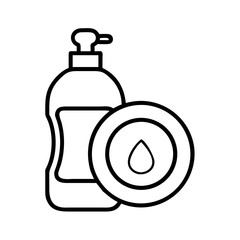Simple line art icon of a dish soap bottle next to a plate with a water droplet