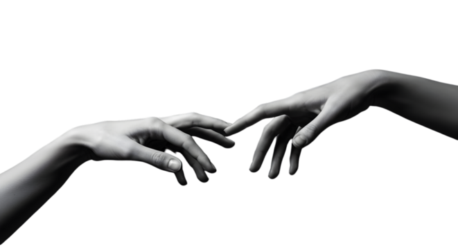 Minimalist hand reach — black and white silhouette of reaching hands