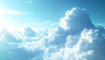 High-altitude view of fluffy white clouds, highlighted by a vibrant blue sky, with translucent, polygonal lines connecting cloud formations