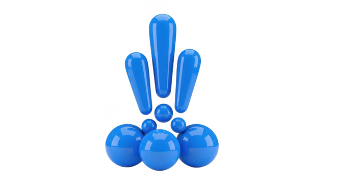 Blue 3d exclamation mark with spheres isolated on transparent background, modern graphic design element