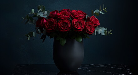 Vibrant Red Roses Bouquet In Elegant Dark Vase On Marble