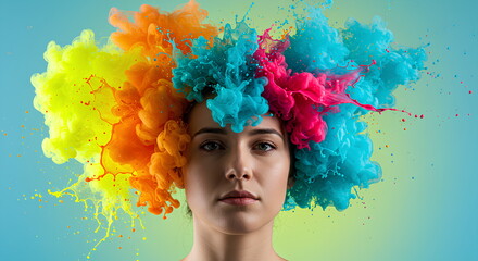 Vibrant Colorful Powder Explosion Around A Woman's Head Representing Creativity And Imagination