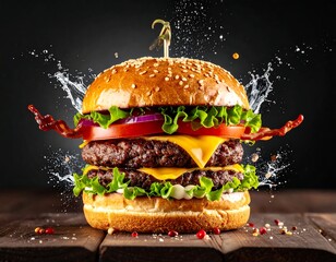 Delicious double burger explodes with fresh toppings