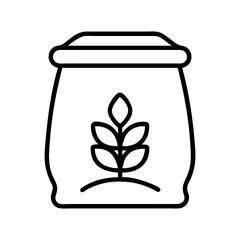 Simple line art icon of a bag of grain with a wheat stalk emblem