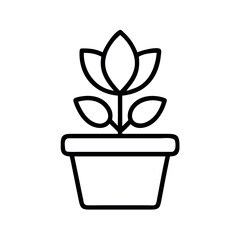 Simple outline icon of a blooming tulip plant in a square pot