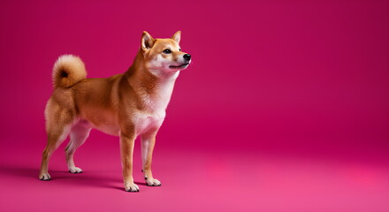 Adorable Shiba Inu Dog Standing Proudly Against A Vibrant Pink Background