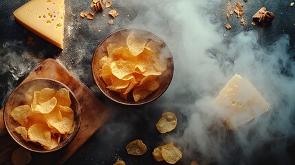 top down photography, bowls of potato chips lays, cheese board, smoke, smokey background