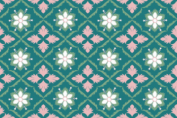 Seamless floral geometric pattern with pink and white flowers on teal background