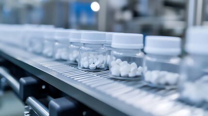 Obraz premium Medicine production line: tablets in transparent bottles, conveyor belt. Automated pharmaceutical factory processing and packing. Healthcare industry background.