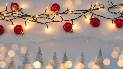 Red Christmas ornaments and glowing string lights rest upon the snowy surface featuring soft bokeh and faint pine silhouettes, creating a peaceful winter holiday atmosphere at dusk