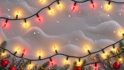 Festive red and yellow Christmas lights glow warmly above snow-covered ground, featuring pine branches and ornaments adding holiday charm within the calm winter evening setting