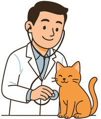Illustration of Veterinarian Checking Cat with Stethoscope