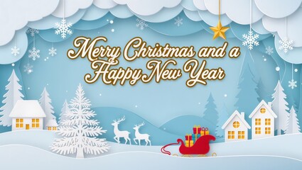 Cheerful winter village scene featuring snowy houses, reindeer, and the red sleigh filled featuring gifts under a bright sky, forming a festive Christmas greeting card design