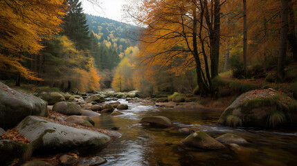 autumn forest, colorful leaves and a stream in a mountain valley. Wild river, forest landscape with autumn foliage, trees covered in orange fall colors, beech trees. Beautiful fall colors in forest. W