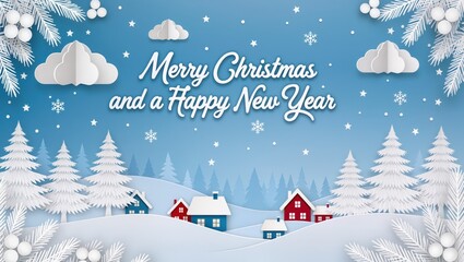 Illustration of the festive winter village featuring Christmas greeting text, snowy pine trees, red houses, and paper-style clouds under a calm blue sky, evoking a cheerful holiday mood