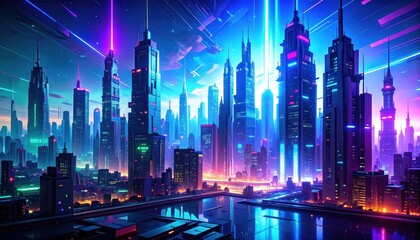Futuristic cityscape skyscrapers illuminated with neon lights and technology
