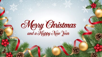 Colorful Christmas greeting card featuring pine branches, red ribbons, golden ornaments, and snowflakes upon the light winter background, creating a joyful and festive holiday atmosphere