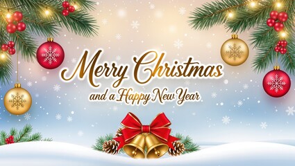 Colorful Christmas greeting card featuring red and gold ornaments, pine branches, glowing lights, and falling snowflakes within the soft winter background, creating a joyful holiday atmosphere