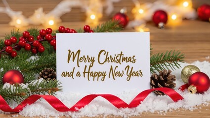 Holiday greeting card featuring Merry Christmas and Happy New Year message surrounded by pine branches, red ornaments, berries, and ribbon upon snowy wooden surface under warm lights