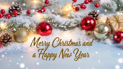 Bright Christmas ornaments, pinecones, and gift boxes rest upon snowy branches illuminated by warm lights, creating the cozy winter holiday atmosphere within soft daylight