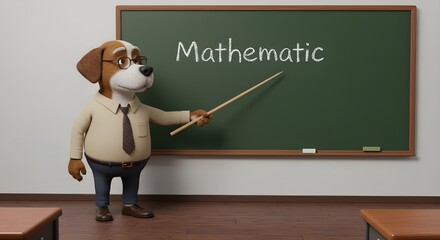 Animated 3D old male dog in formal clothes teaching math, pointing at a chalkboard with "Mathematic" written on it, white background.