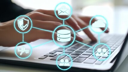 Typing on Laptop with Cyber Security Network Connection Icons - Powered by Adobe