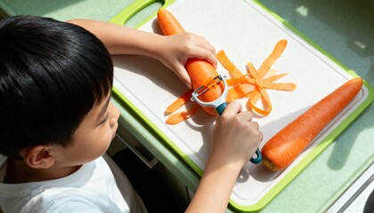 Asian Child peeling carrots with peeler, soft morning light, quiet mood, top-down, texture detail, safe prep