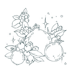 Snowberry branches intertwined with classic Christmas ball ornaments and a festive shimmer. This handmade black and white line art is ideal for holiday sale banners and blog illustrations.