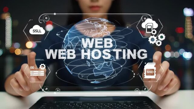 Web Hosting Concept with Woman in Navy Blue Shirt and Blurry Cityscape